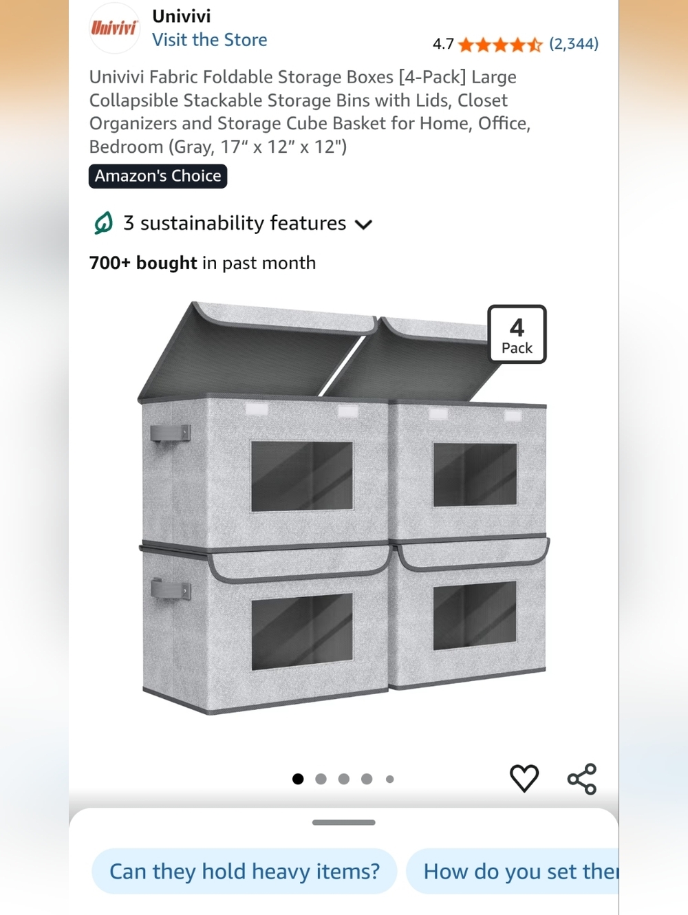 Set of 4 Gray Fabric Storage Bins with Clear Window Lids
